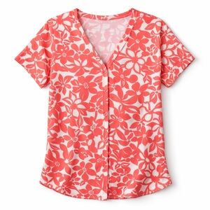 Denim & Company Coral Floral V-Neck Short Sleeve Top Size 1X Tropical Summer